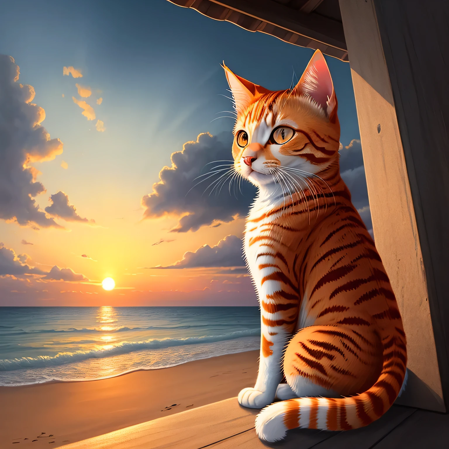 Masterpiece, best quality, super detailed, illustration, A little orange cat watching sunset over the beach.