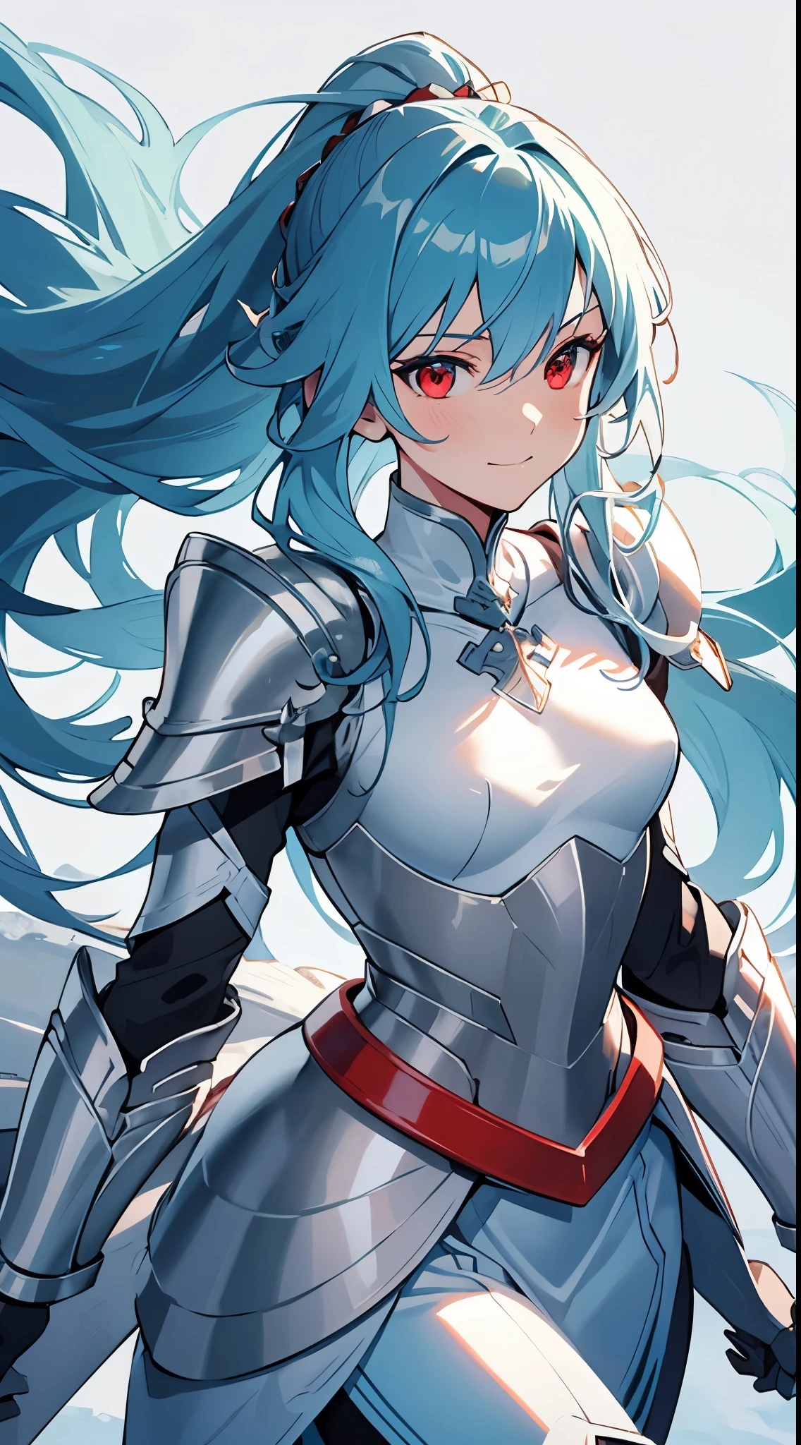 [[[ ultra-detailed, best quality, soft skin, beautiful, 4K]]] cyan hair, hair, red eyes, long hair, tied-up hair, medium hair, full royal plated armor, slim body, dynamic angle, snowy village, princess, small smile. battle maiden