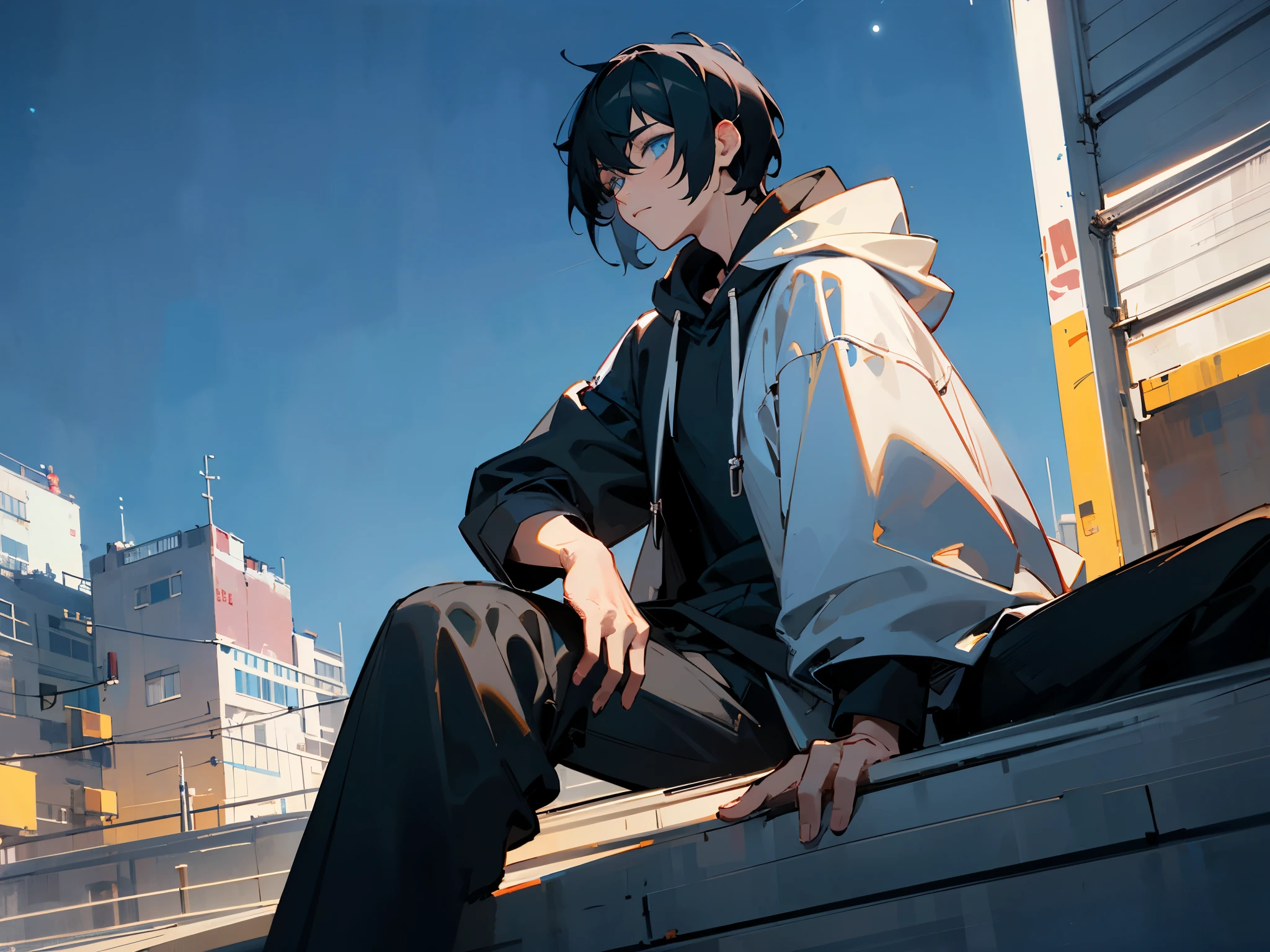 ((Best Quality)), ((Masterpiece)), (detailed), perfect faces, 1 adult male, black hood, black long pants, short black hair, blue eyess, Night sky and urban style background ,sitting on the building