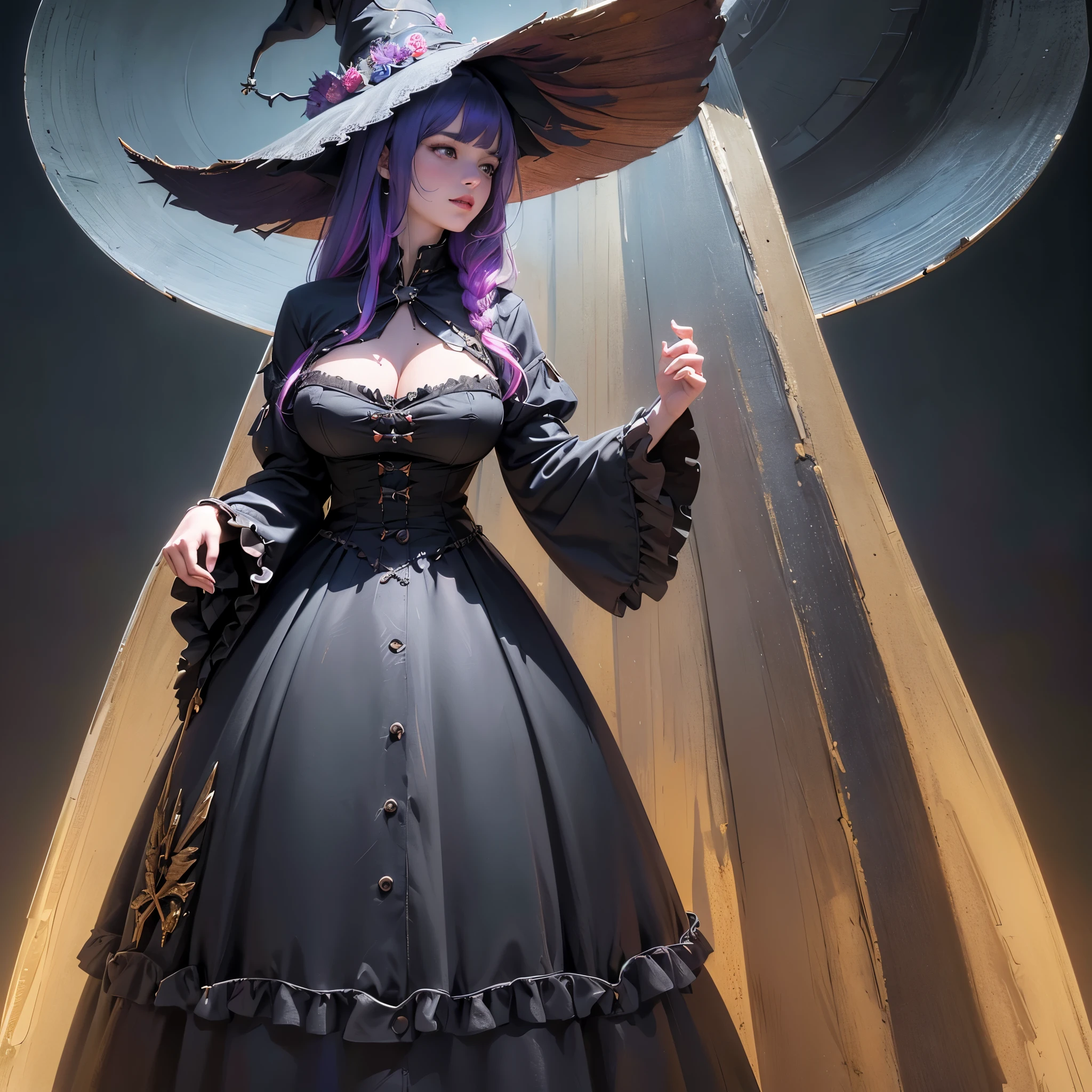 full body, exhibitionism, purple hair, witch hat, open dress showing breast, nipple, dress with ruffles, bow above the hat