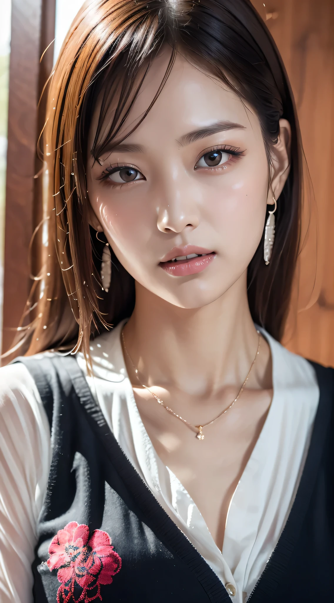 masutepiece, Best Quality, Photorealsitic, finely detail, hight resolution, 8K Wallpapers, Perfect dynamic composition, ((Kuroko under the left eye))、sharpnes, A hyper-realistic, Beautiful detailed eyes, Medium Hair,lash perm、eyeshadows、Red Lip、 Random and sexy poses,  A white blouse that shows off your chest:1.3)), A smile, open open mouth, Resort scenery, 28 year old,  Beauty, japanes,  Chain Necklace, large earring, Shooting from front