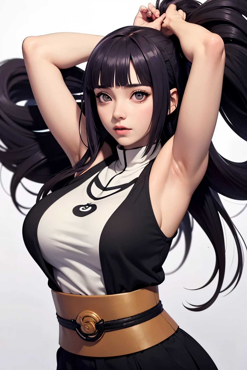 Hinata from Naruto Shippuden, UHD Hinata, UHD Hinata Byakugan eyes, Sleeveless top, Arms up in the air, UHD armpit details, UHD Face details, UHD underarms, Leaf village, Large breasts