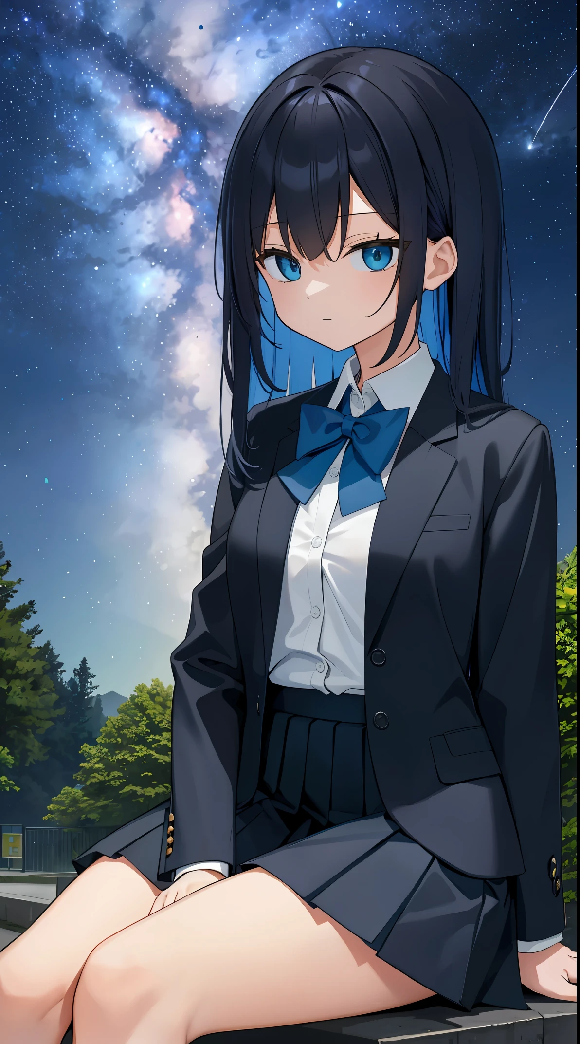 (in 8K, Raw photography, Best Quality, masutepiece: 1.2), high-definition RAW color photography, Professional photography, Cinematic Light, (1girl in), Solo, ((A dark-haired, inner colored hair)), slenderbody, hair messy, School uniform, Collared shirt, blazers, Long sleeves, , a black pleated skirt, (((Sitting))), Large park, Night, Park at night, Spreading forest background, ((The Expanding Milky Way, Beautiful starry sky)), hand between my legs, Upper body,