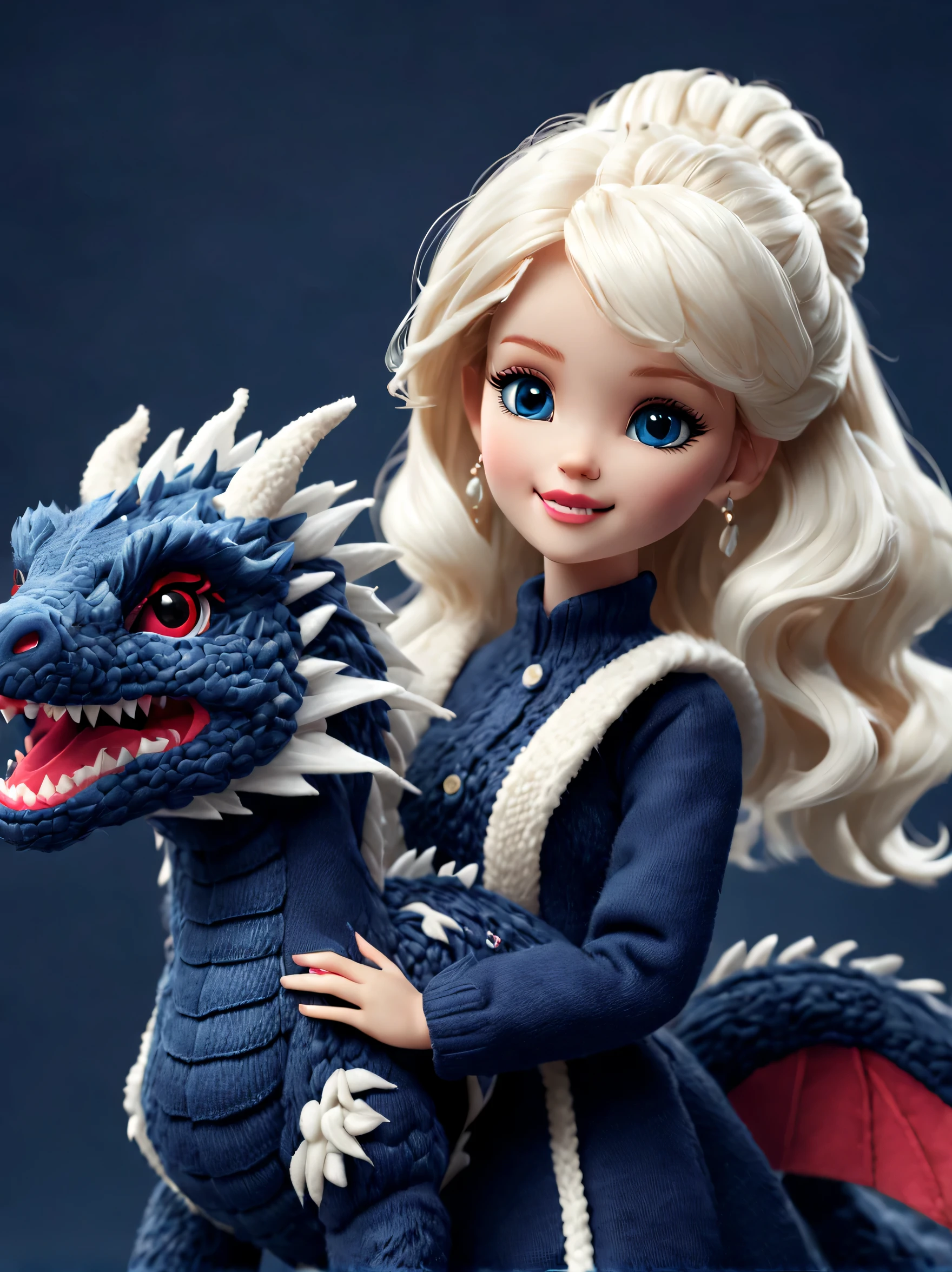 (Plush toy design),Happy cute barbie doll and dragon,(wool craft),Fluffy ,Cute 3d rendering,Background with:dark navy blue、off-white and merno red,Cute and detailed digital art,Miniature feeling,stylized 3d render,3d rendered figure art 8k,lovely digital painting,Anime style 3D,Ultra-detailed rendering