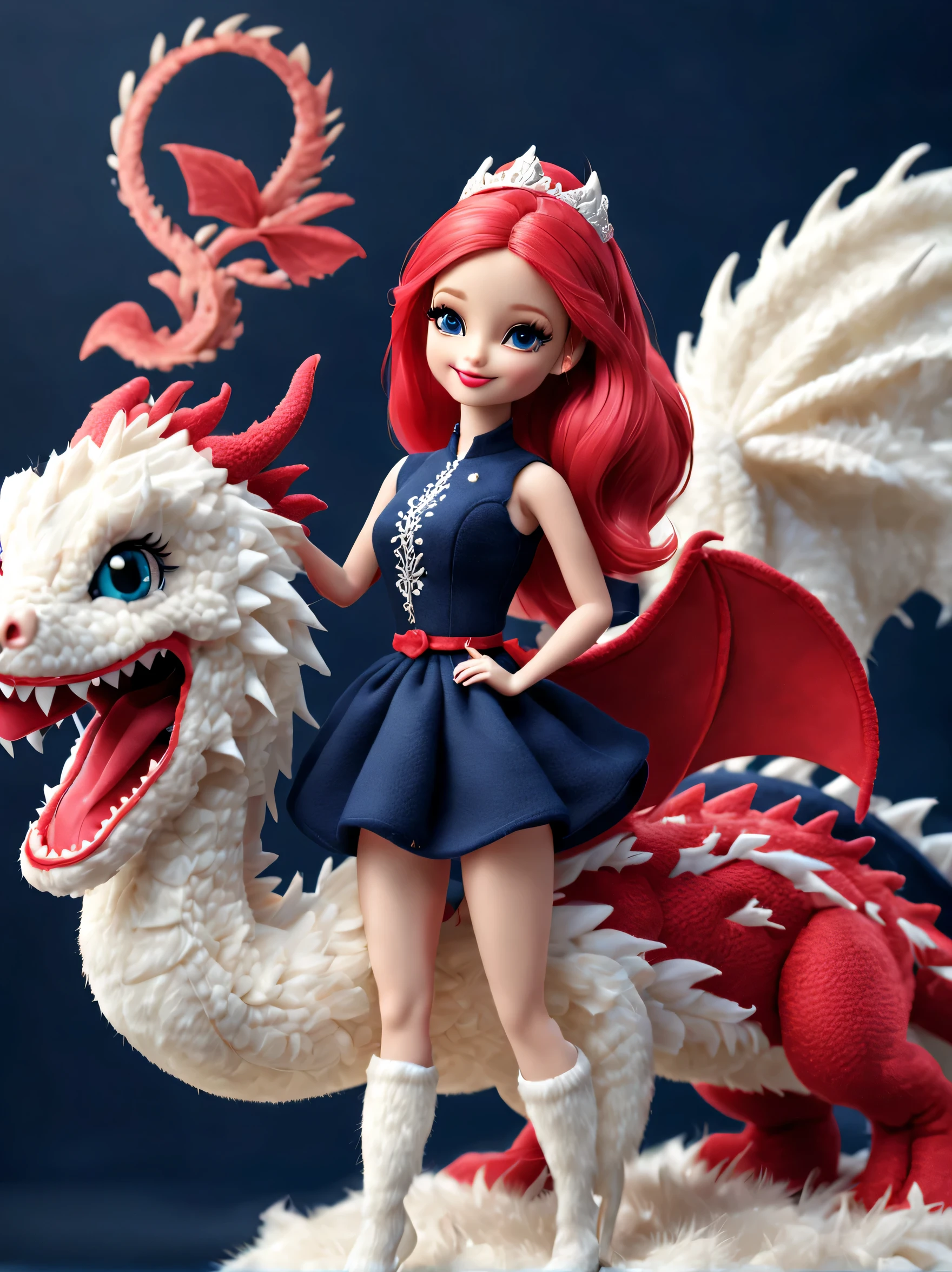 (Plush toy design),Happy cute barbie doll and dragon,(wool craft),Fluffy ,Cute 3d rendering,Background with:dark navy blue、off-white and merno red,Cute and detailed digital art,Miniature feeling,stylized 3d render,3d rendered figure art 8k,lovely digital painting,Anime style 3D,Ultra-detailed rendering