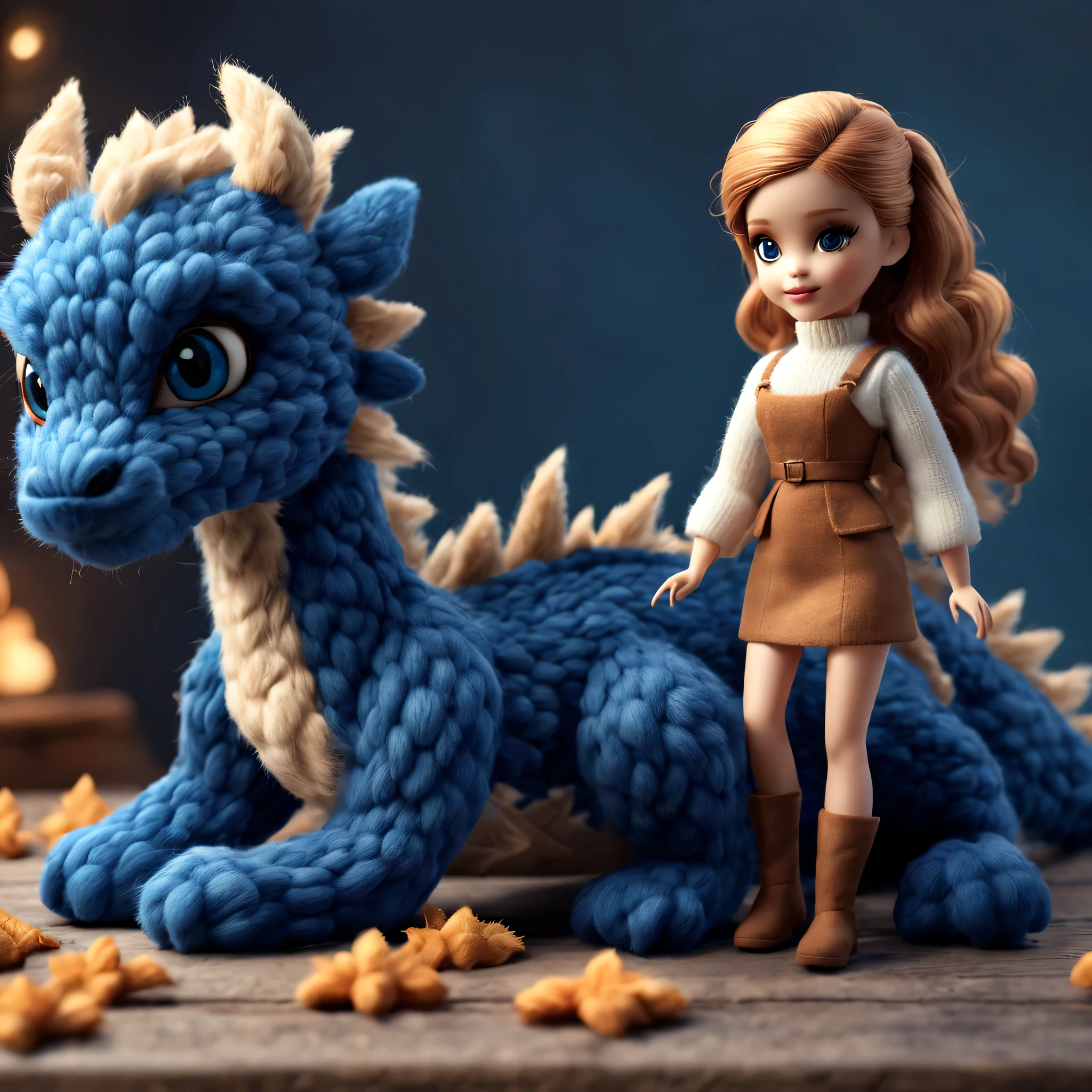 （Plush toy design），Naughty and cute Barbie doll and little dragon，（wool craft），Fluffy ，Cute 3d rendering，Background with：Dark blue and toffee brown，Cute and detailed digital art，Miniature feeling，stylized 3d render，3d rendered figure art 8k，lovely digital painting，Anime style 3D，Ultra-detailed rendering