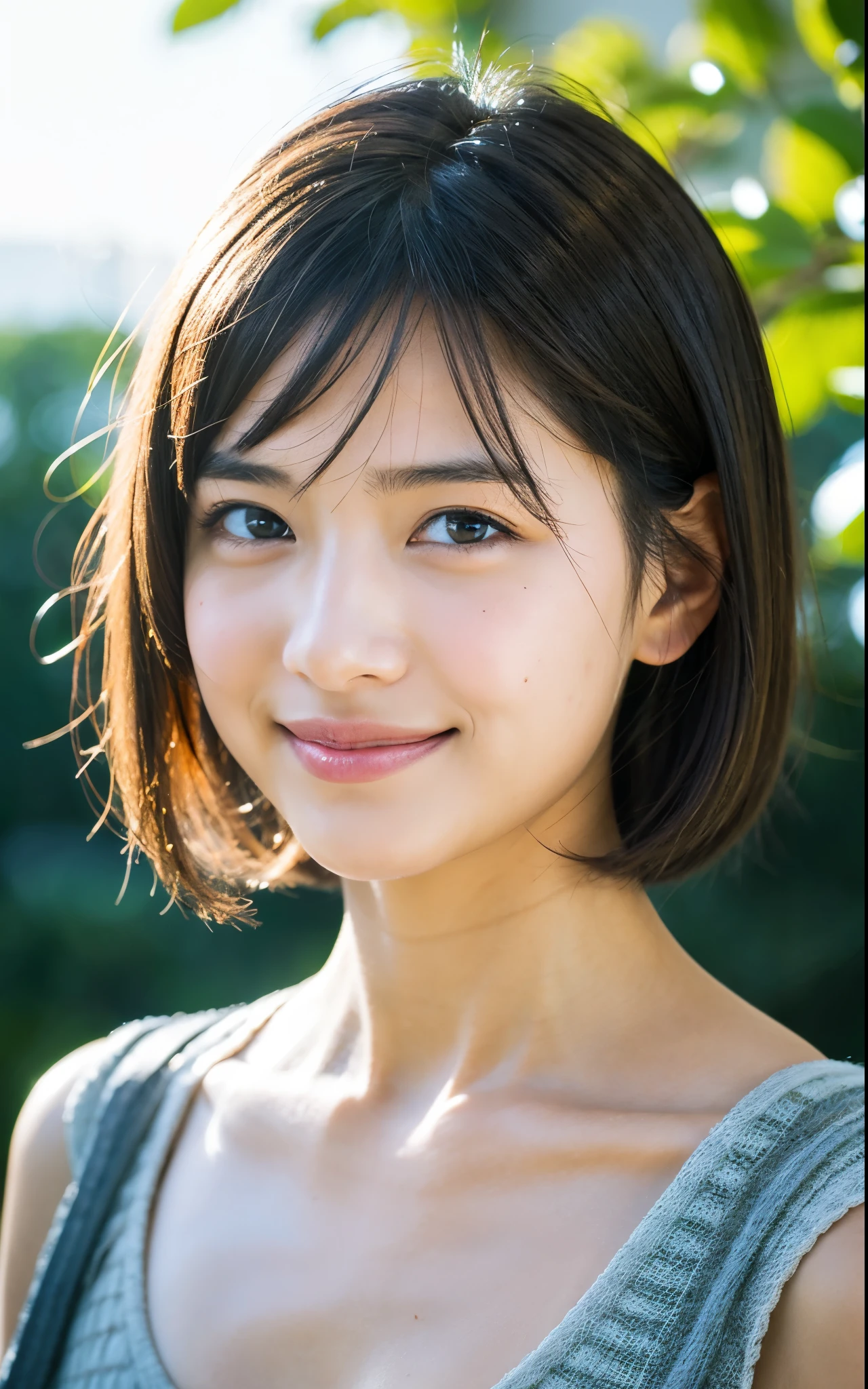 masutepiece, Best Quality, 8K, 1girl in, Good Hand, 14 yo, close up of face, Lively, Active, Life Force, Luminescent, Looking away, Raw photo, F/1.8, 135 mm, NIKON, Anatomically correct, Bokeh,Textured skin, Professional Photography, Portrait, Soft light, Professional Lighting, Solo, (Smile), Cute, Girly, boobs film grain, (Eyes and faces with detailed:1.0), Brown hair, Short hair swaying in the wind, Bangs