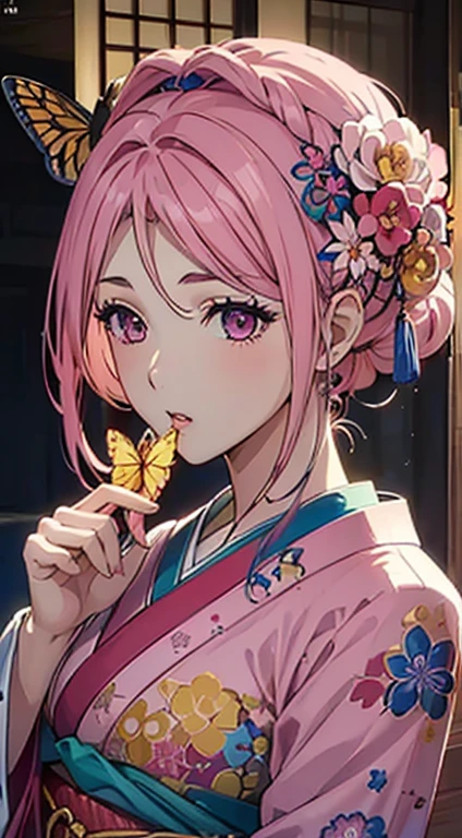 ((8k wallpaper of extremely detailed CG unit, masterpiece, hight resolution, top-quality, top-qualityのリアルテクスチャスキン)), ((a very beautiful woman, Plump lips, The upper part of the body, Japanese pattern haori,)), ((colorful wall with geometric pattern, Japanese pattern wall, warm color, butterflys, florals)), hyper realisitic, digitial painting,Pink hair、Pink eyes、Red kimono