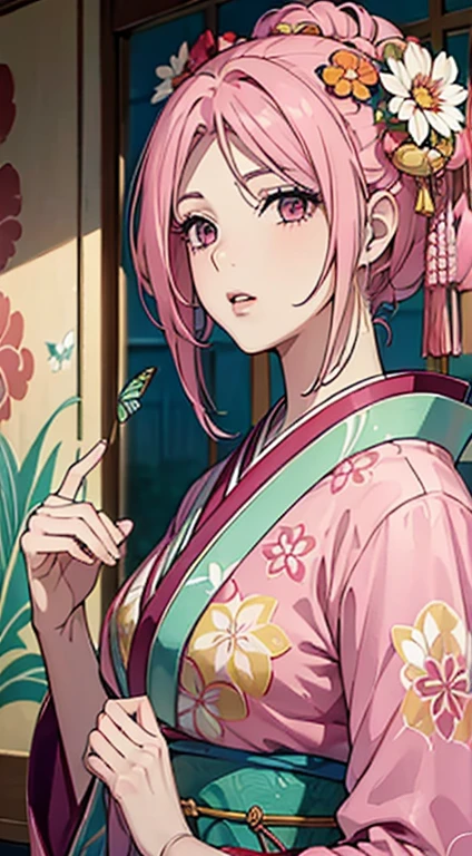 ((8k wallpaper of extremely detailed CG unit, masterpiece, hight resolution, top-quality, top-qualityのリアルテクスチャスキン)), ((a very beautiful woman, Plump lips, The upper part of the body, Japanese pattern haori,)), ((colorful wall with geometric pattern, Japanese pattern wall, warm color, butterflys, florals)), hyper realisitic, digitial painting,Pink hair、Pink eyes、Red kimono