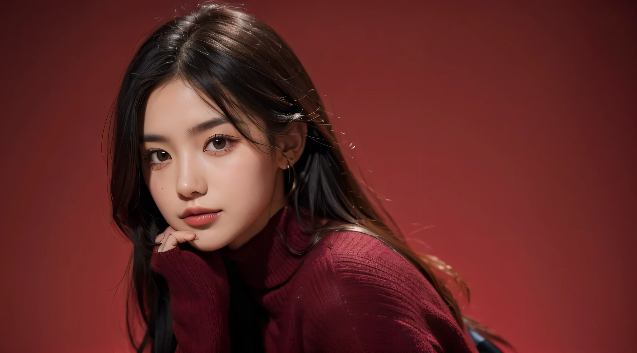 1girl,sweater,maroon background,