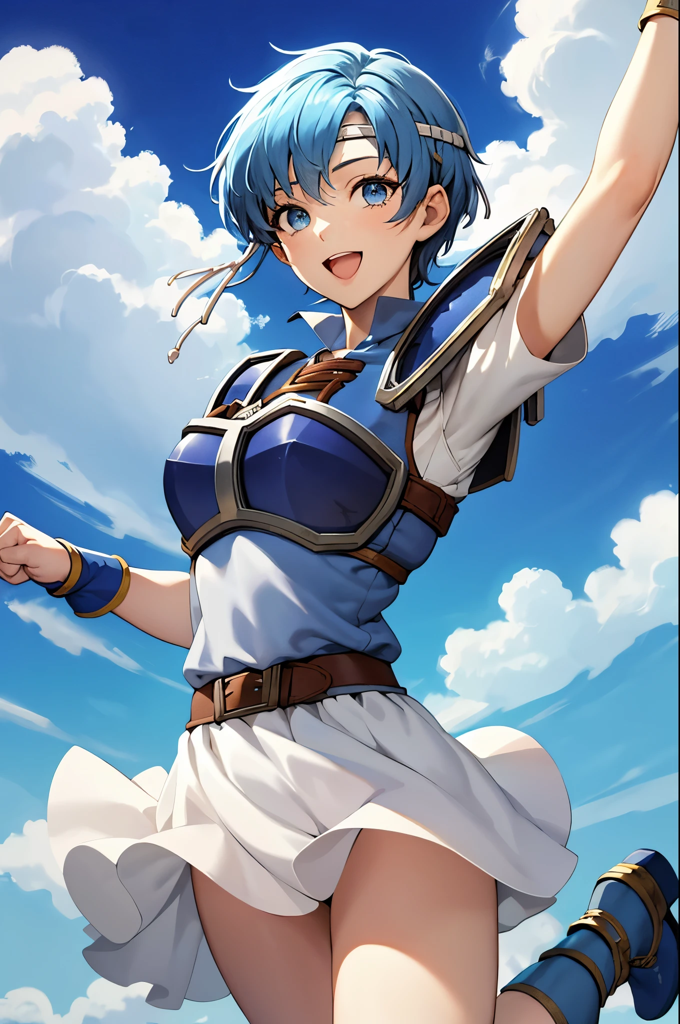 masterpiece, best quality, shanna, short hair, headband, armor, white skirt, (jumping:1.3), raised arm, fist, sky, clouds, looking at viewer, :D