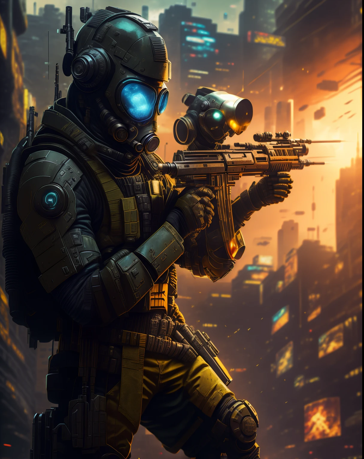 a man in a gas mask holding a rifle in front of a city, cyberpunk soldier, 4 k hd wallpaper c 1 7, master chief in cyberpunk city, ( apocalyptic ) 8 k, futuristic soldier, cinematic 4 k wallpaper, cinematic 4k wallpaper, soldiers and mech fight, stunning vfx, cinematic —ar 16:9, futuristic battlefield