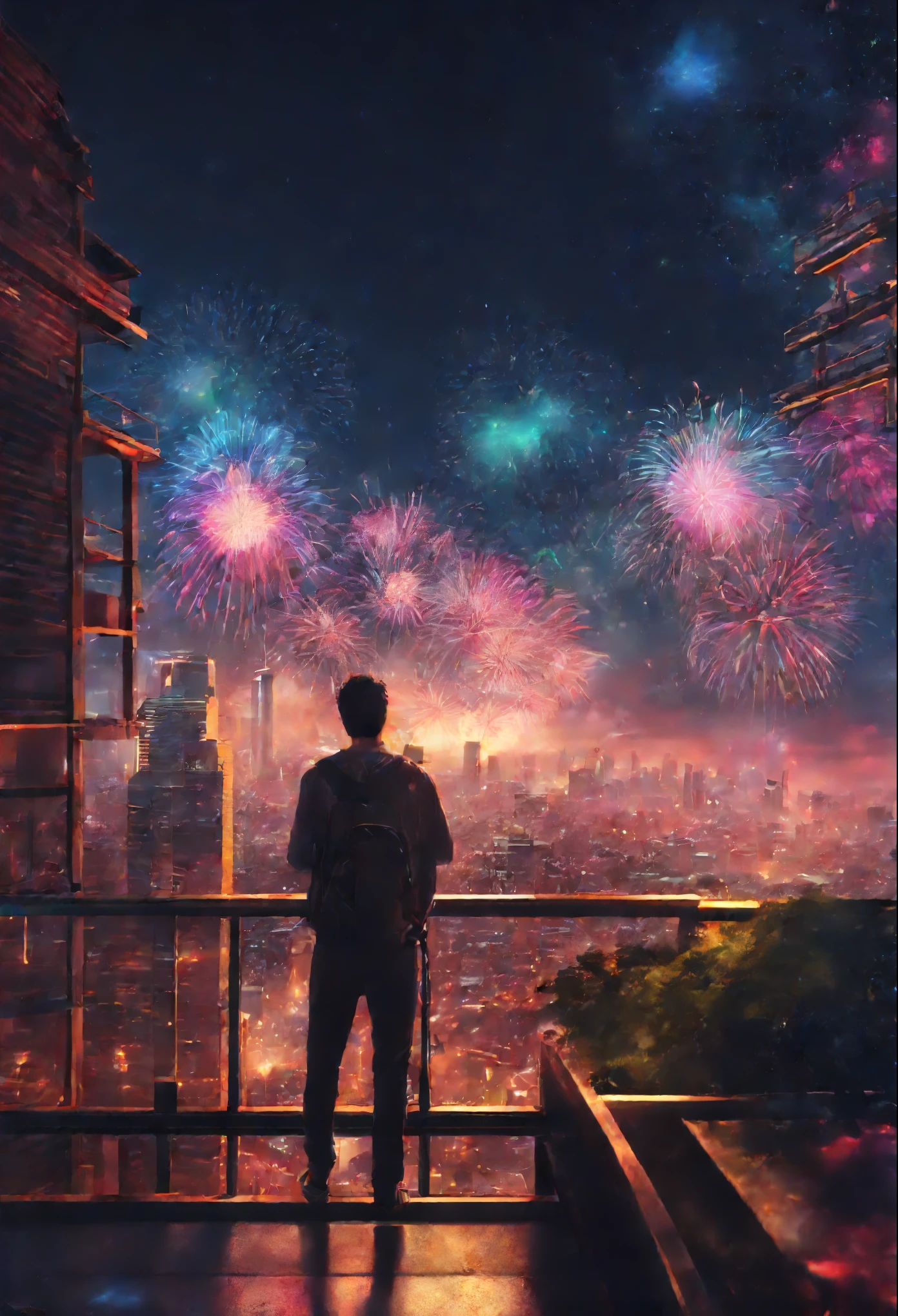 The city of the future,A man watching colorful fireworks on the roof,rios,Colorful lights,(((tmasterpiece))), ((Best quality at best)), ((intricately details)), ((hyper realisitc))(8K)