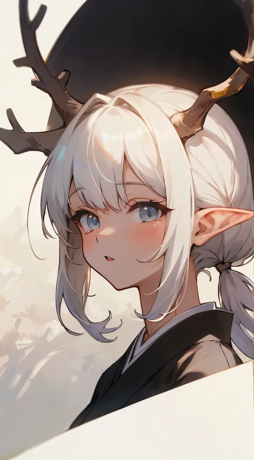 (the Extremely Detailed CG Unity 8K Wallpapers, masutepiece, Best Quality, Ultra-detailed), (Best Illumination, Best Shadow, extremely delicate and beautiful), Sunlight shines in, Warm and cozy atmosphere Natural volume lighting and best shadows, depth of fields, foco nítido, a portrait of a beautiful girl, Delicate Beautiful Attractive Face, Sleepy eyes, Small breasts, messy white hair, Long twin tail hairstyles, (of the highest quality, Amazing detail: 1.4), masutepiece, artbook, Vivid Color, {{Full body, White background}} {{{, From Side, look up sky}}}, Contrast Light, {grim elk antler rack shirt, Raised hands, {White kimono, Kimono Japanese pattern elf ears}