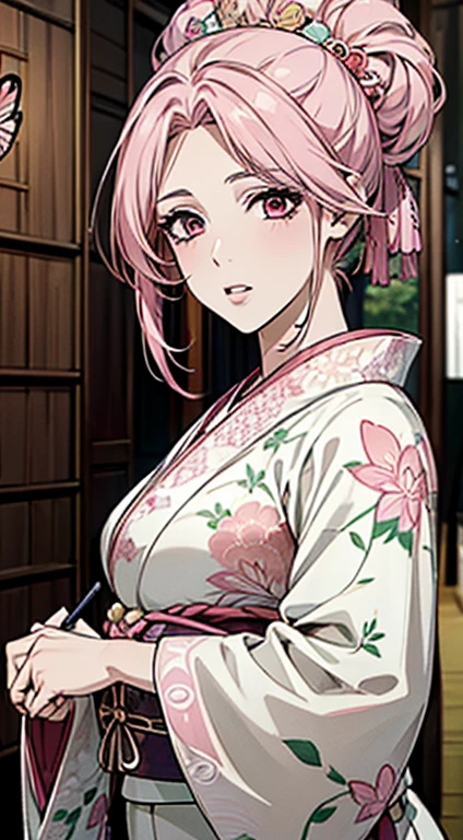 ((8k wallpaper of extremely detailed CG unit, ​masterpiece, hight resolution, top-quality, top-qualityのリアルテクスチャスキン)), ((a very beautiful woman, Plump lips, The upper part of the body, Japanese pattern haori,)), ((colorful wall with geometric pattern, Japanese pattern wall, warm color, butterflys, florals)), hyper realisitic, digitial painting,Pink hair、Pink eyes、Red kimono