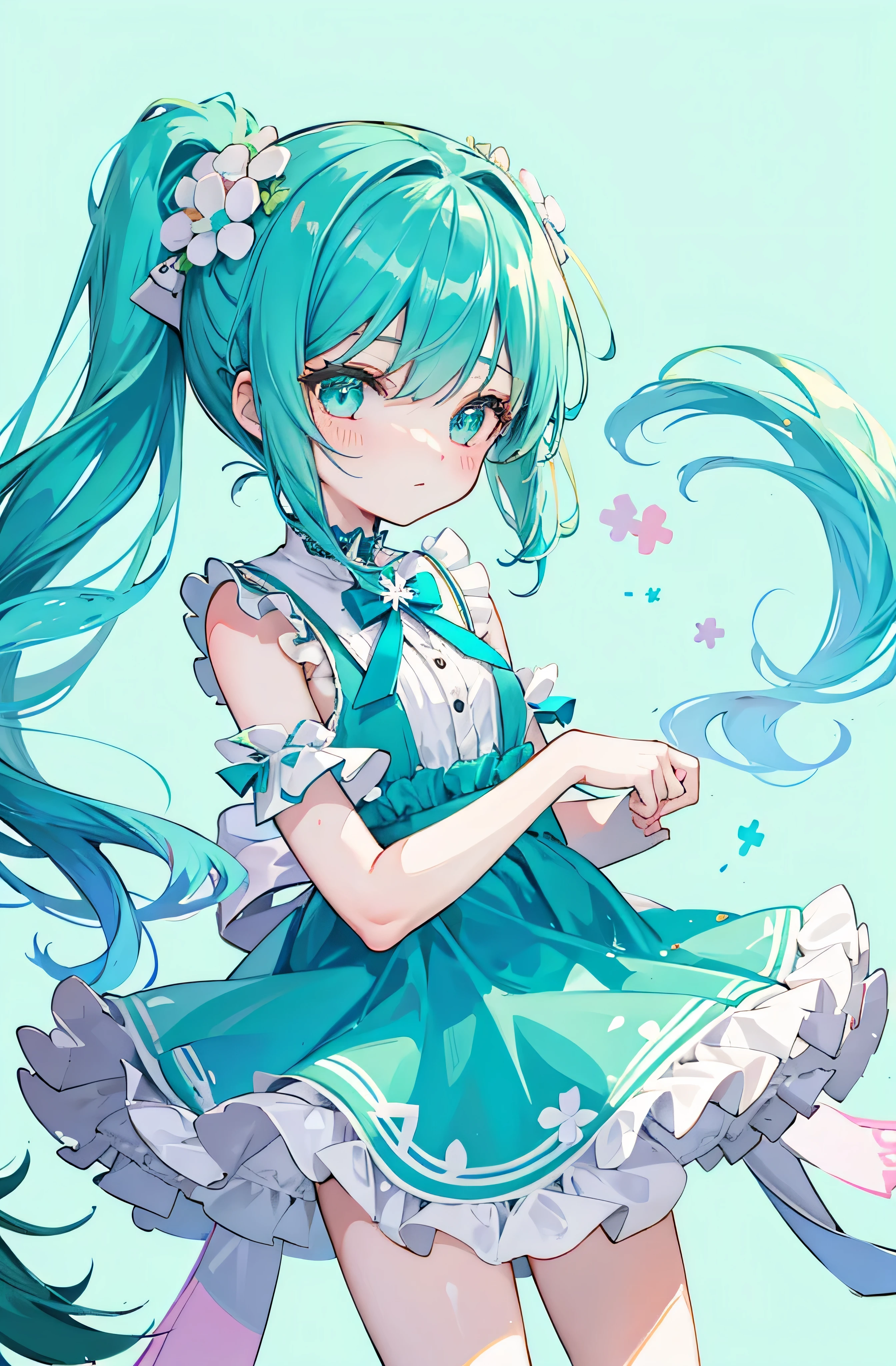 Sweet little loli girl,Turquoise triple ponytail and soft dress,pvz clover anthropomorphic