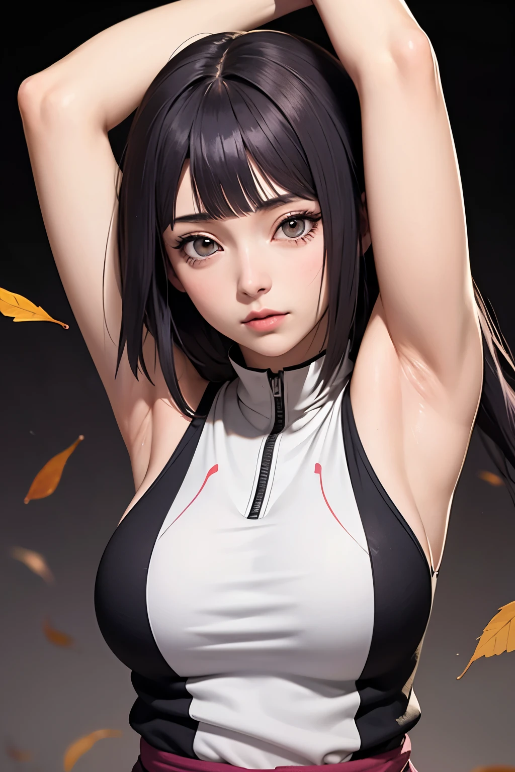 Hinata from Naruto Shippuden, UHD Hinata, UHD Hinata Byakugan eyes, Sleeveless top, Arms up in the air, UHD armpit details, UHD Face details, UHD underarms, Leaf village, Large breasts