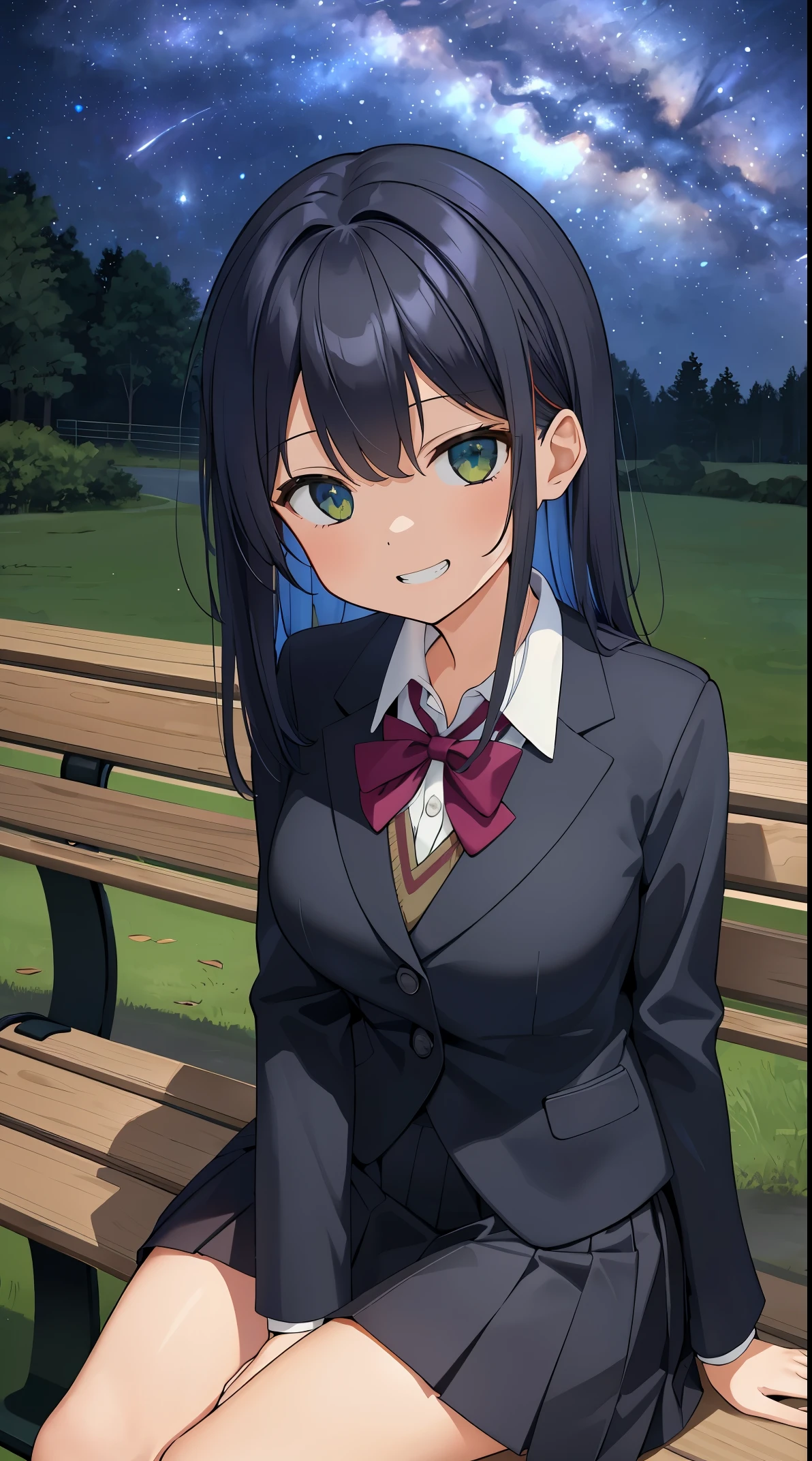 (in 8K, Raw photography, Best Quality, masutepiece: 1.2), high-definition RAW color photography, Professional photography, Cinematic Light, (1girl in), Solo, ((A dark-haired, inner colored hair)), hair messy, slenderbody, ((Show your teeth and smile)), full-face blush, School uniform, Collared shirt, blazers, Long sleeves, , a black pleated skirt, (((Sitting on a bench))), Large park, Night, Park at night, Spreading forest background, ((The Expanding Milky Way, Beautiful starry sky)), hand between my legs, Upper body,