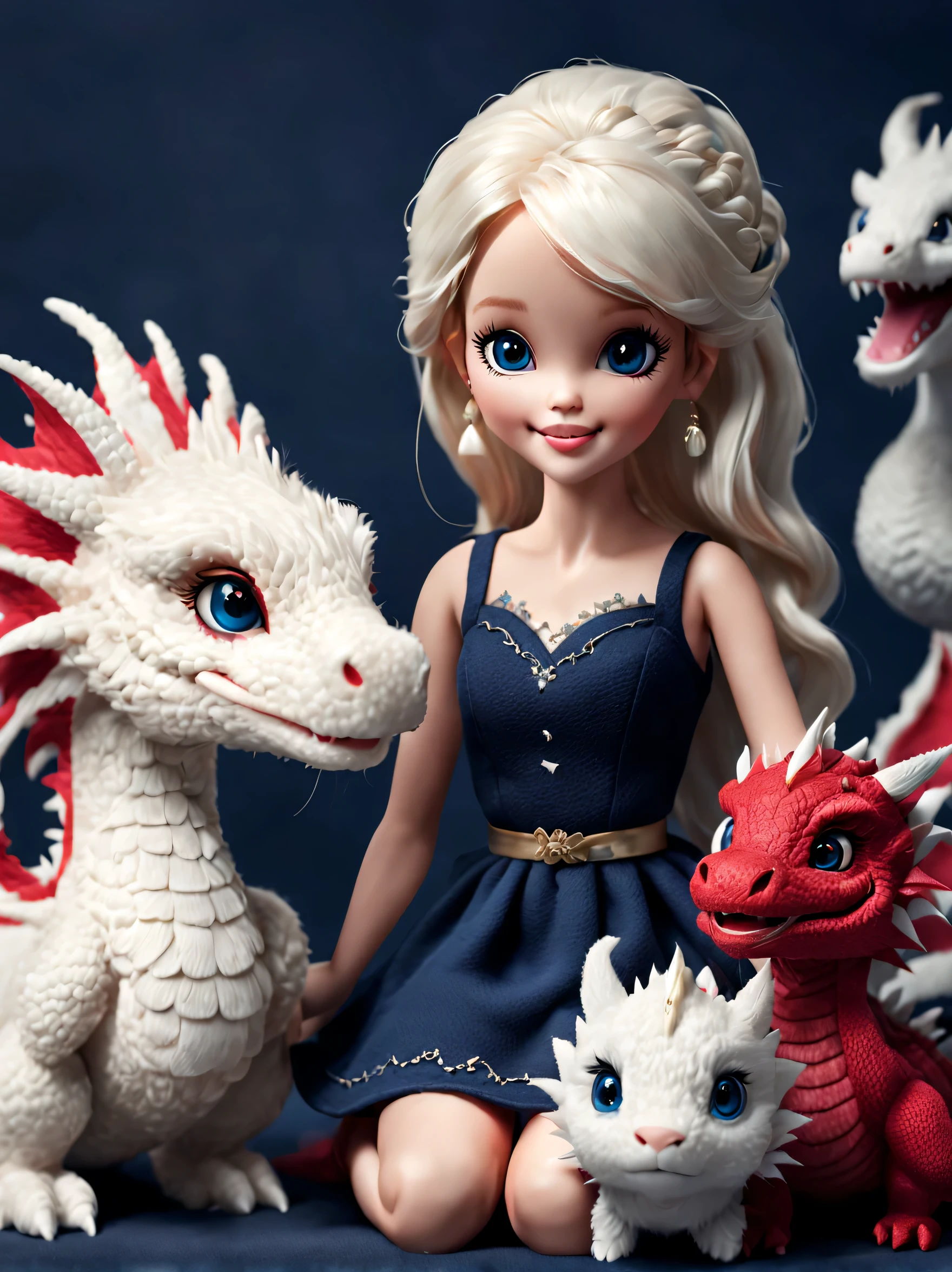 (Plush toy design),Happy cute barbie doll and dragon,(wool craft),Fluffy ,Cute 3d rendering,clothed animal,Background with:dark navy blue、off-white and merno red,Cute and detailed digital art,Miniature feeling,stylized 3d render,3d rendered figure art 8k,lovely digital painting,Anime style 3D,Ultra-detailed rendering