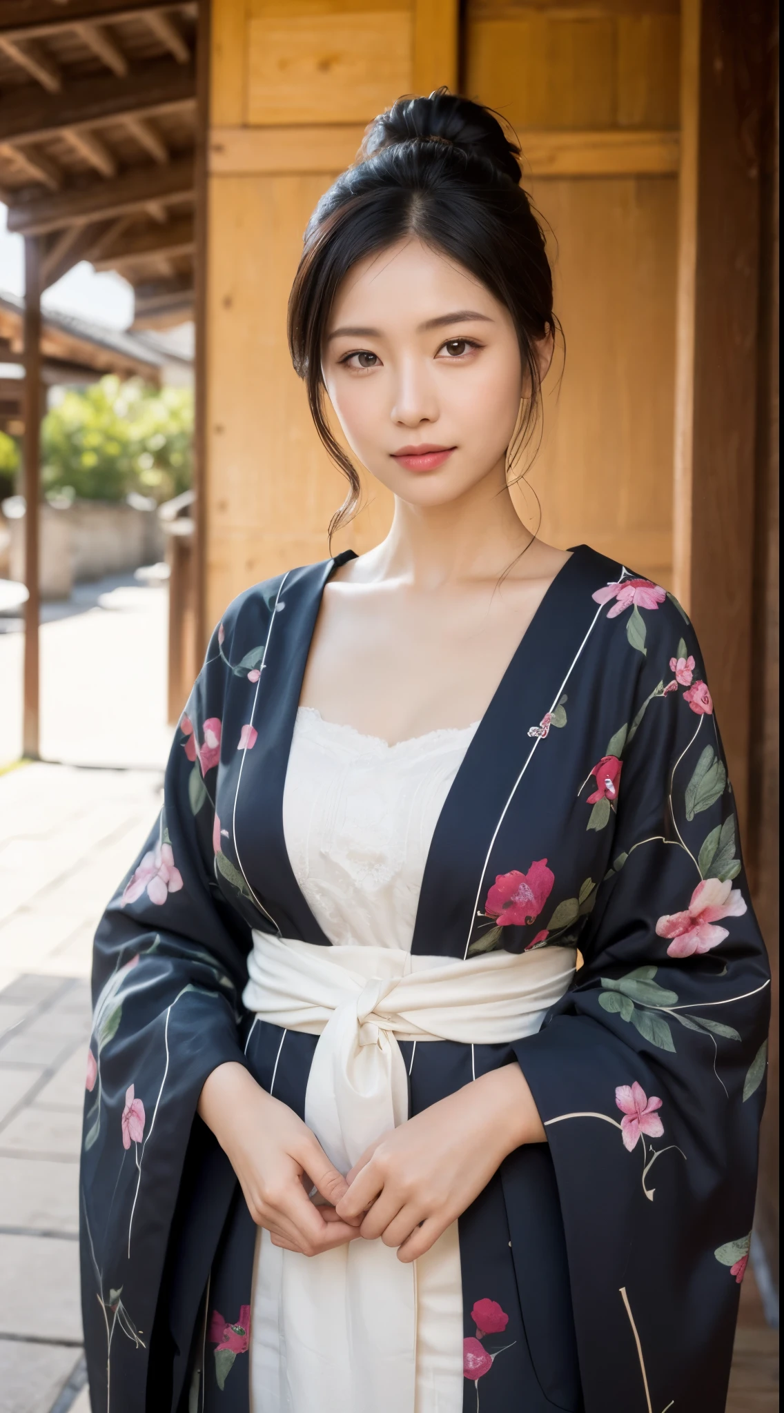 Beautiful Mature Woman VN03, Bewitching beautiful mature woman、40 years、stature 154cm、well-proportioned figure、The figure of the hourglass、Japanese kimono figure、Kimono with elegant Japanese patterns、Shoulder out、鎖骨、model in Japan、Japan Woman, Gorgeous Japan Woman, goddess of Japan, A smile、Posing in the shrine grounds、Raw photo, (in 8K、top-quality、masterpiece:1.2)、(intricate detailes:1.4)、(Photorealsitic:1.4)、octane renderings、Complex 3D rendering ultra detail, studio lights, Rim Lights, vibrant detail, super detailing, realistic skin textures, Detail Face, Beautiful detail eyes, Very detailed CG Unity 16k wallpaper, make - up, (detailedbackground:1.2), shinny skin、