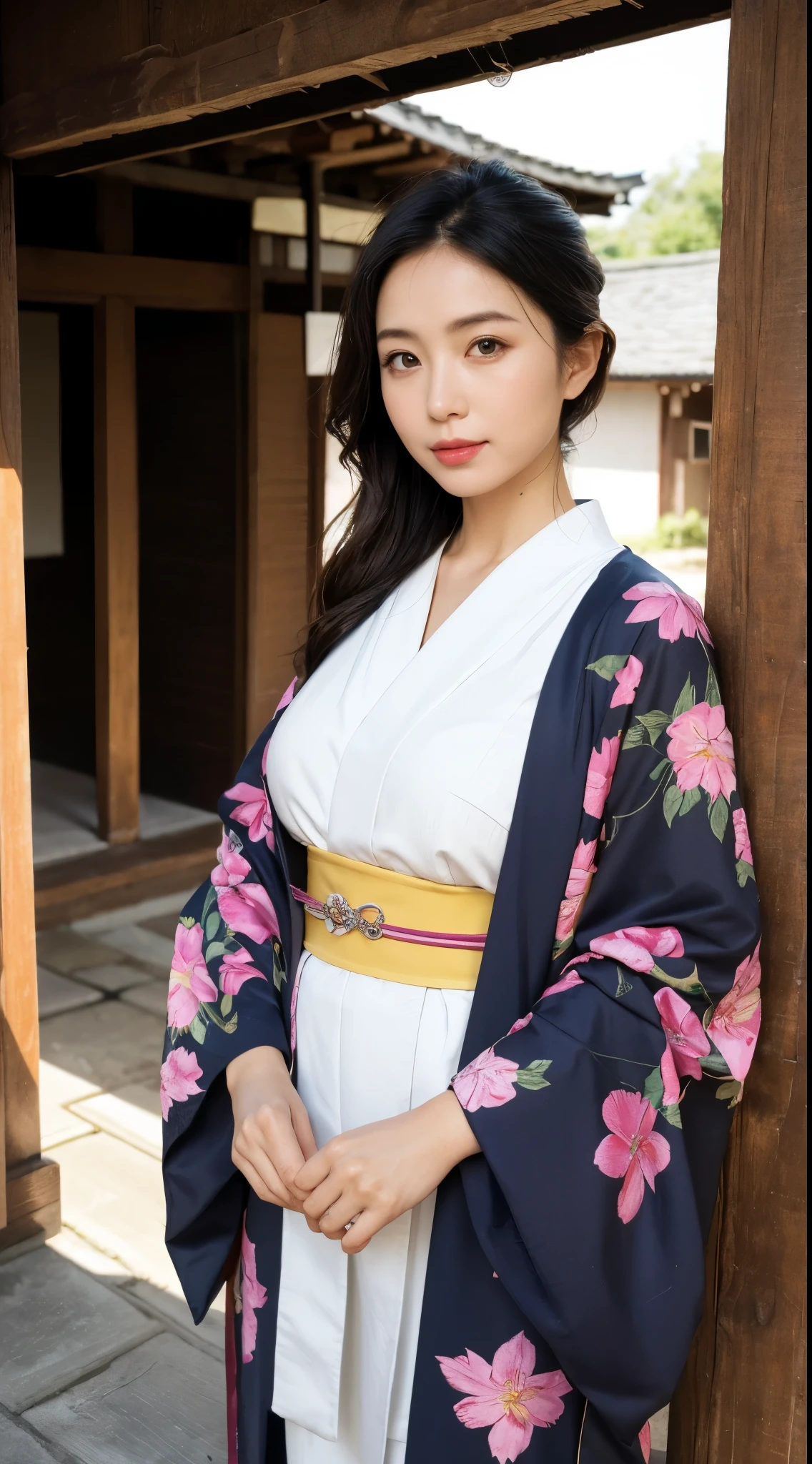 Beautiful Mature Woman VN03, Bewitching beautiful mature woman、40 years、stature　154cm、well-proportioned figure、The figure of the hourglass、Japanese kimono figure、Kimono with elegant Japanese patterns、Shoulder out、鎖骨、model in Japan、Japan  Woman, Gorgeous Japan Woman, goddess of Japan, A smile、Posing in the shrine grounds、Raw photo, (in 8K、top-quality、​masterpiece:1.2)、(intricate detailes:1.4)、(Photorealsitic:1.4)、octane renderings、Complex 3D rendering ultra detail, studio lights, Rim Lights, vibrant detail, super detailing, realistic skin textures, Detail Face, Beautiful detail eyes, Very detailed CG Unity 16k wallpaper, make - up, (detailedbackground:1.2),　shinny skin、