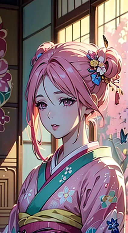 ((8k wallpaper of extremely detailed CG unit, ​masterpiece, hight resolution, top-quality, top-qualityのリアルテクスチャスキン)), ((a very beautiful woman, Plump lips, The upper part of the body, Japanese pattern haori,)), ((colorful wall with geometric pattern, Japanese pattern wall, warm color, butterflys, florals)), hyper realisitic, digitial painting,Pink hair、Pink eyes、Red kimono