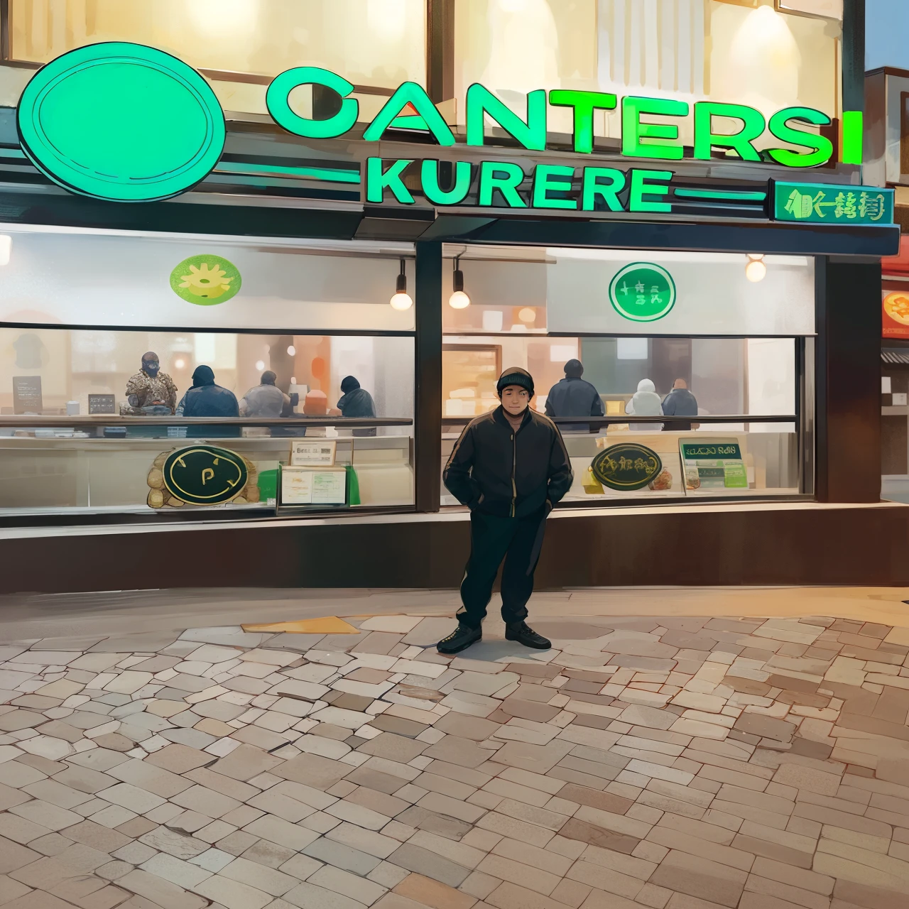 arafed man standing in front of a canteri knife restaurant, in front of ramen shop, captured on iphone, standing in a restaurant, standing in a city center, kuntilanak, by Kanbun Master, a person standing in front of a, discovered photo, photo for a store, photo taken at night, by Josef Dande, stood outside a corner shop