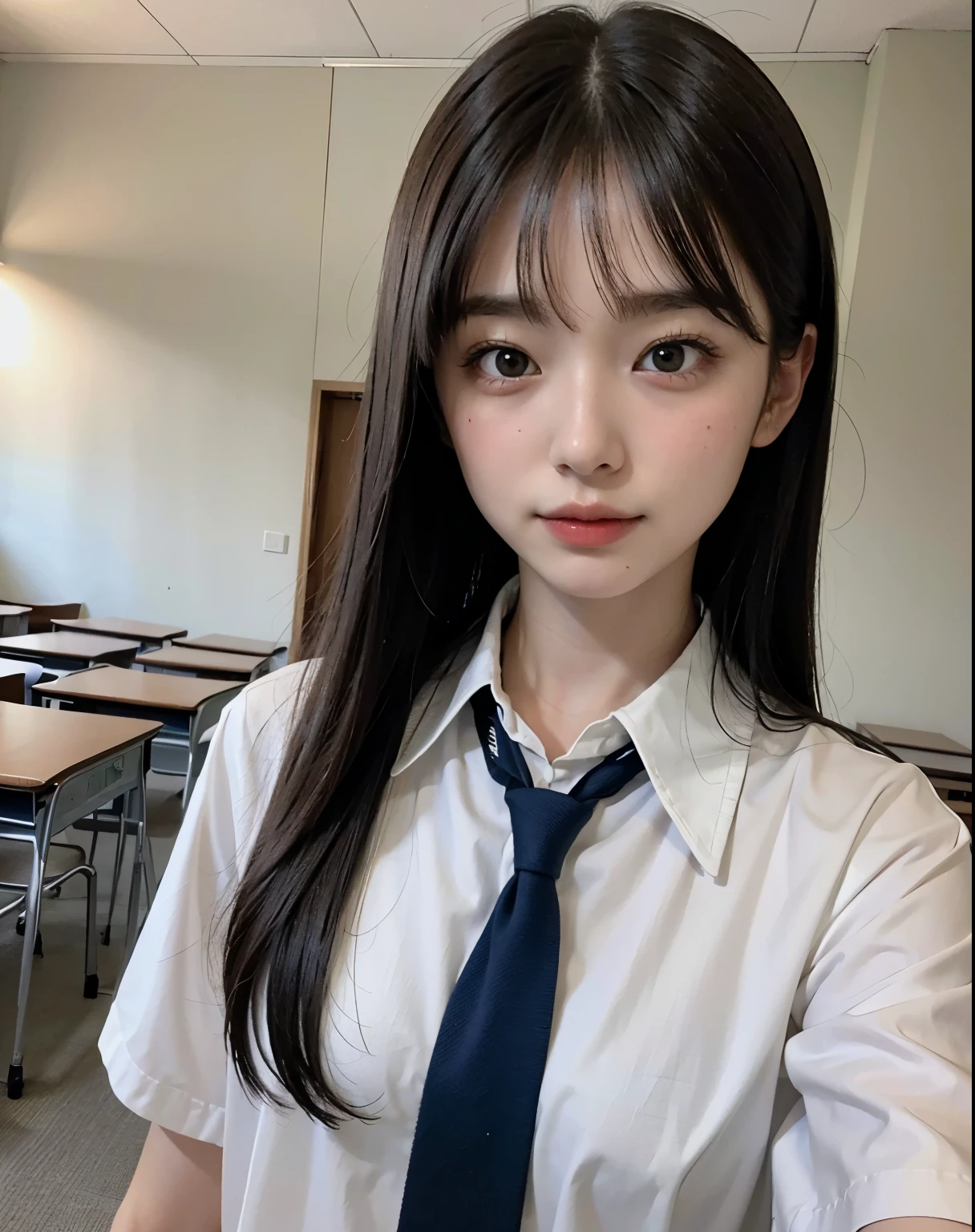 ((top-quality))、(​masterpiece:1.3)、Raw photography、8K、Top image quality、 Top resolution、Beautiful face in every detail、realisitic、Photorealsitic、Beautie、((Beautuful Women))、a small face、(Longhaire)、Straight hair、School uniform、High school girl uniform、(schools:1.3)、With bangs、‎Classroom、(28-year-old beauty)、Attractiveness of adult women