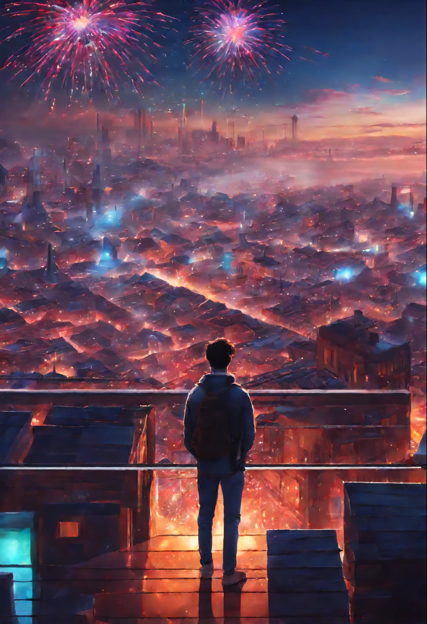 The city of the future,A man watching colorful fireworks on the roof,rios,Colorful lights,(((tmasterpiece))), ((Best quality at best)), ((intricately details)), ((hyper realisitc))(8K)