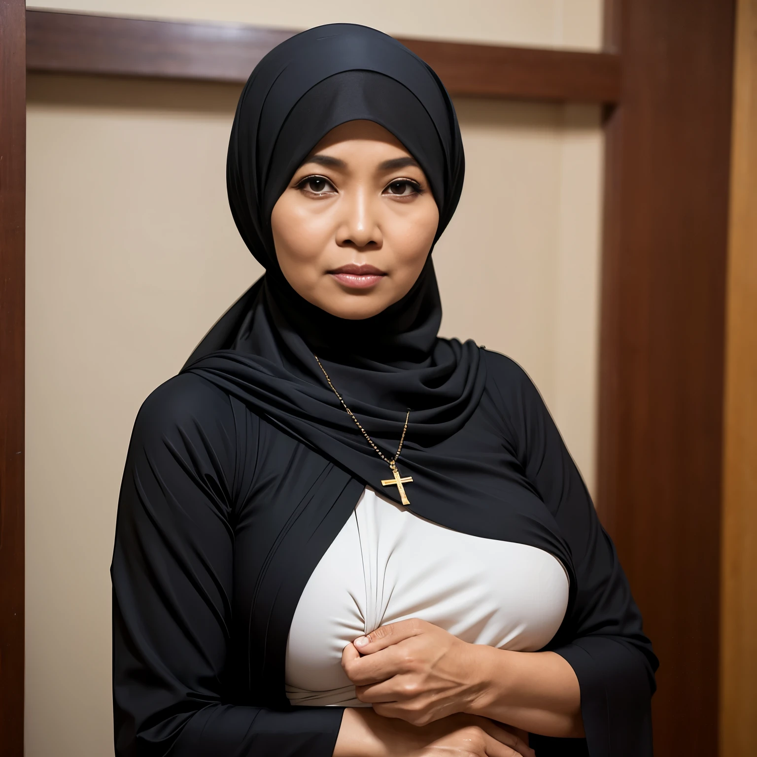 58 Years old, Indonesian mature woman, wearing Wide Hijab, perfect , natural Gigantic Mature breast : 126.9, gorgeous eyes, Soft smile, wear a Black Gamis, No Wearing Bra, Cross necklace, Breast about to burs out.