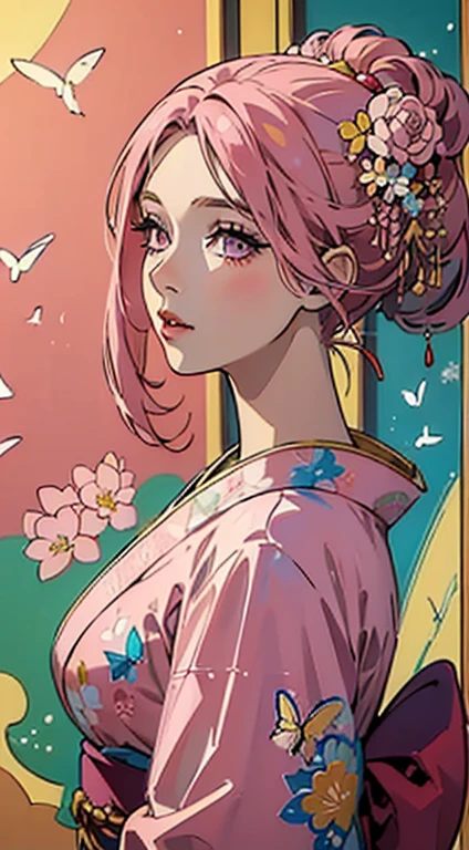 ((8k wallpaper of extremely detailed CG unit, masterpiece, hight resolution, top-quality, top-qualityのリアルテクスチャスキン)), ((a very beautiful woman, Plump lips, The upper part of the body, Japanese pattern haori,)), ((colorful wall with geometric pattern, Japanese pattern wall, warm color, butterflys, florals)), hyper realisitic, digitial painting,Pink hair、Pink eyes、Red kimono