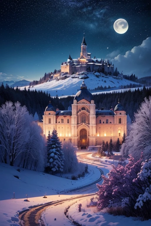 (Masterpiece, illustration, Best quality, Detailed,high resolucion:1.4), au loin, colourfull, Dynamique, luxuriant, volumeric lighting, contraste, , De loin, profondeur de champ , paysage, Peinture de paysage, Art conceptuel, Small intricate details, stylized, , ciel nuageux, Night starry sky lit by the moon, fantaisie, Ancienne ville du Royaume [Colosseum,sacred,basilique] paysage, neige, cascade, , flowering trees flowers grass flowers ,  Rocky Mountains and forest neige in the background ,    , (Magie fantastique:1.4)