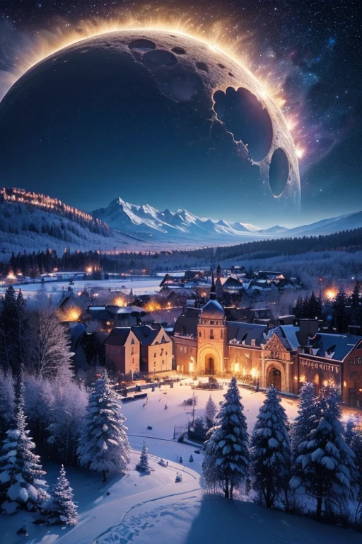 (Masterpiece, illustration, Best quality, Detailed,high resolucion:1.4), au loin, colourfull, Dynamique, luxuriant, volumeric lighting, contraste, , De loin, profondeur de champ , paysage, Peinture de paysage, Art conceptuel, Small intricate details, stylized, , ciel nuageux, Night starry sky lit by the moon, fantaisie, Ancienne ville du Royaume [Colosseum,sacred,basilique] paysage, neige, cascade, , flowering trees flowers grass flowers ,  Rocky Mountains and forest neige in the background ,    , (Magie fantastique:1.4)