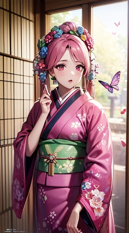 ((8k wallpaper of extremely detailed CG unit, masterpiece, hight resolution, top-quality, top-qualityのリアルテクスチャスキン)), ((a very beautiful woman, Plump lips, The upper part of the body, Japanese pattern haori,)), ((colorful wall with geometric pattern, Japanese pattern wall, warm color, butterflys, florals)), hyper realisitic, digitial painting,Pink hair、Pink eyes、Red kimono