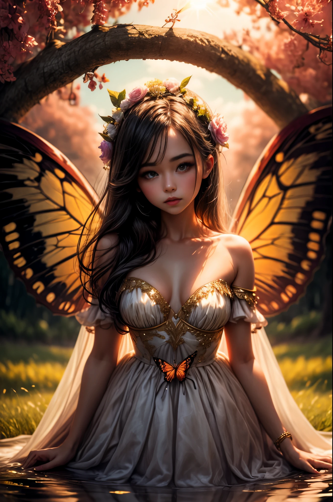 "((Innocent)) girl, golden hour, dreamy meadow, ethereal, whimsical, flowing dress, soft sunlight, enchanting, butterfly wings, (pastel clouds), liquid reflections