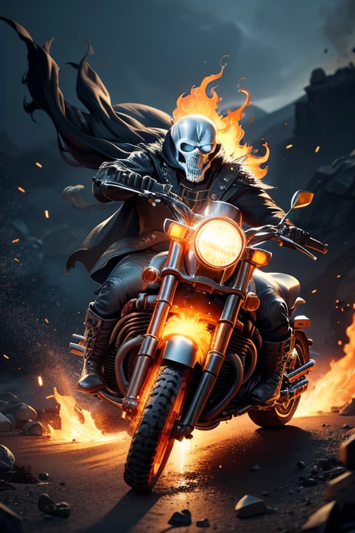 gros plan (Ghost Rider de Marvel dans le style viking: 1.3) Emergeant de boue black humide, Extremely detailed, smoke, Sparks, metal chips, flying debris, volumettic light