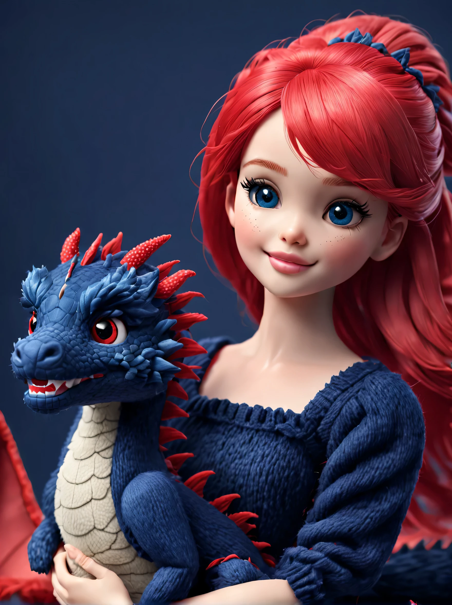 (Plush toy design),Happy cute barbie doll and dragon,(wool craft),Fluffy ,Cute 3d rendering,Background with:dark navy blue+fiery red,Cute and detailed digital art,Miniature feeling,stylized 3d render,3d rendered figure art 8k,lovely digital painting,Anime style 3D,Ultra-detailed rendering
