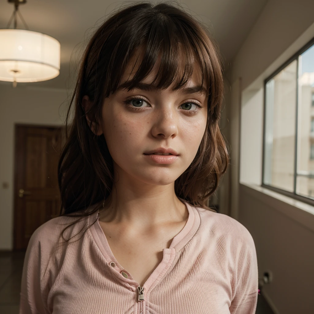 1girl, cute brunette girl, hair bangs, pink sport suit, green eyes, ultra realistic soft skin, extreme detail, high masterpiece, 8k, photography, studio light, ultra realistic lighting, high realistic ray tracing, cowboy dress, RAW photo, photo studio, perfect detailed cute face, perfect age details, school corridor, freckles