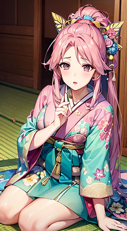 ((8k wallpaper of extremely detailed CG unit, masterpiece, hight resolution, top-quality, top-qualityのリアルテクスチャスキン)), ((a very beautiful woman, Plump lips, The upper part of the body, Japanese pattern haori,)), ((colorful wall with geometric pattern, Japanese pattern wall, warm color, butterflys, florals)), hyper realisitic, digitial painting,Pink hair、Pink eyes、Red kimono