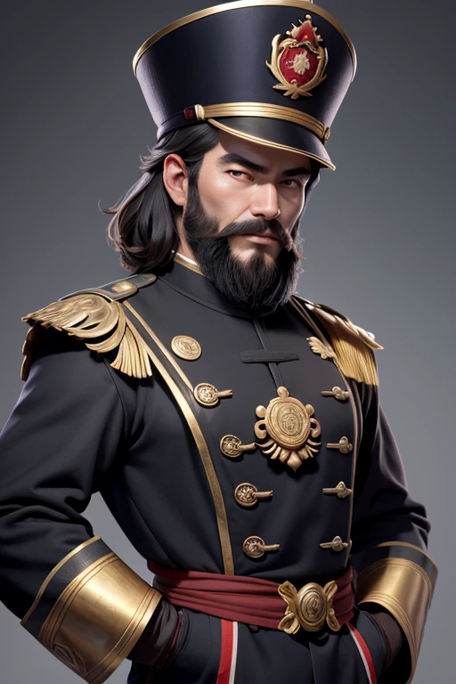 Man in brown Dictator uniform and Military cap. Has a gold Sash. Has a Brown beard. Has Red futuristic visors. civ 6 art style, leader art. 3D model.