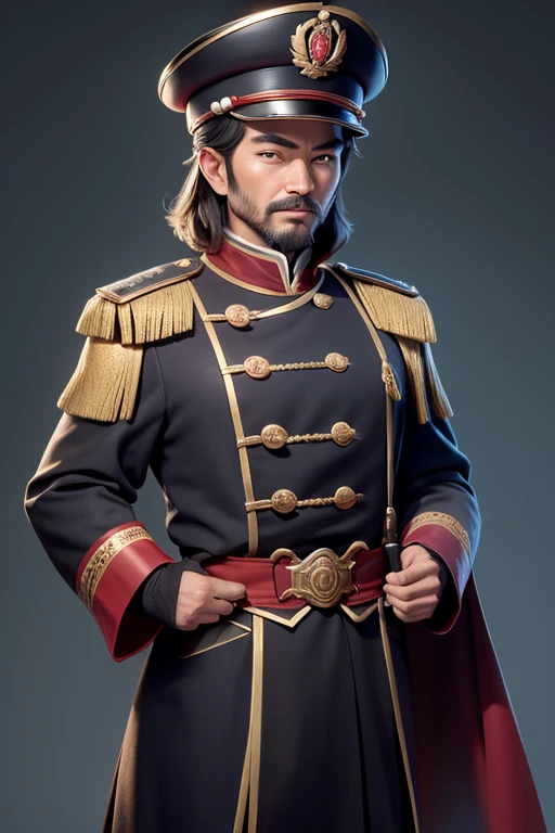 Empereur chinois, chapeau noir, Pas de barbe, Environ 30 ans, face relativement grande, Soie brune couleur unie simple uniforme officiel, texture de dragon de couleur mince brodée avec broderie ajourée sur les vêtements, Gros plan réaliste du visage, photographie de personnages, couleur unie fond simple, Lumière ambiante, Lumière de fond, Lumière Tyndall