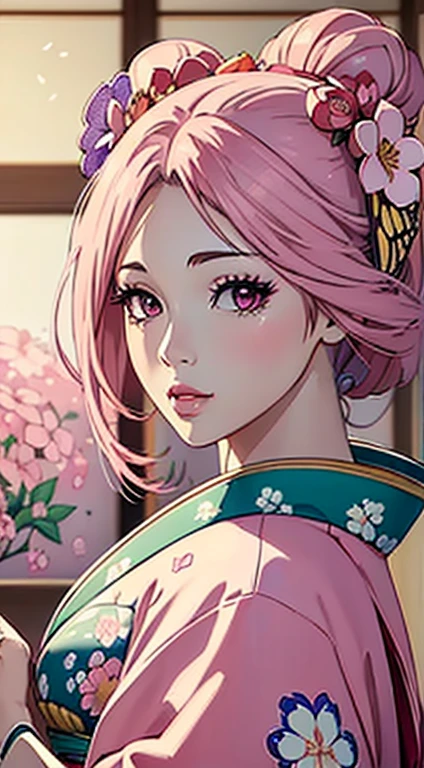 ((8k wallpaper of extremely detailed CG unit, masterpiece, hight resolution, top-quality, top-qualityのリアルテクスチャスキン)), ((a very beautiful woman, Plump lips, The upper part of the body, Japanese pattern haori,)), ((colorful wall with geometric pattern, Japanese pattern wall, warm color, butterflys, florals)), hyper realisitic, digitial painting,Pink hair、Pink eyes、Red kimono