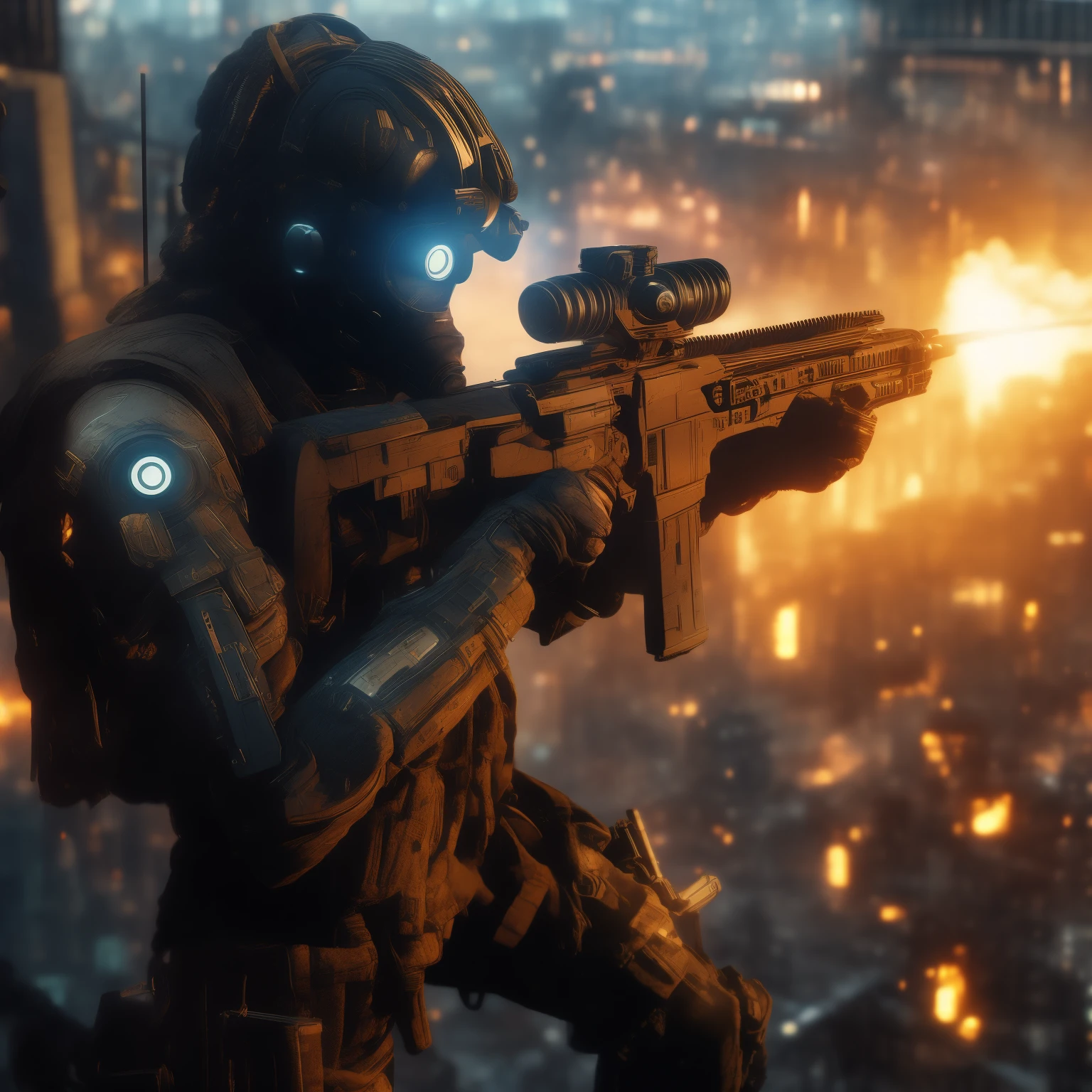 a man in a gas mask holding a rifle in front of a city, cyberpunk soldier, 4 k hd wallpaper c 1 7, master chief in cyberpunk city, ( apocalyptic ) 8 k, futuristic soldier, cinematic 4 k wallpaper, cinematic 4k wallpaper, soldiers and mech fight, stunning vfx, cinematic —ar 16:9, futuristic battlefield