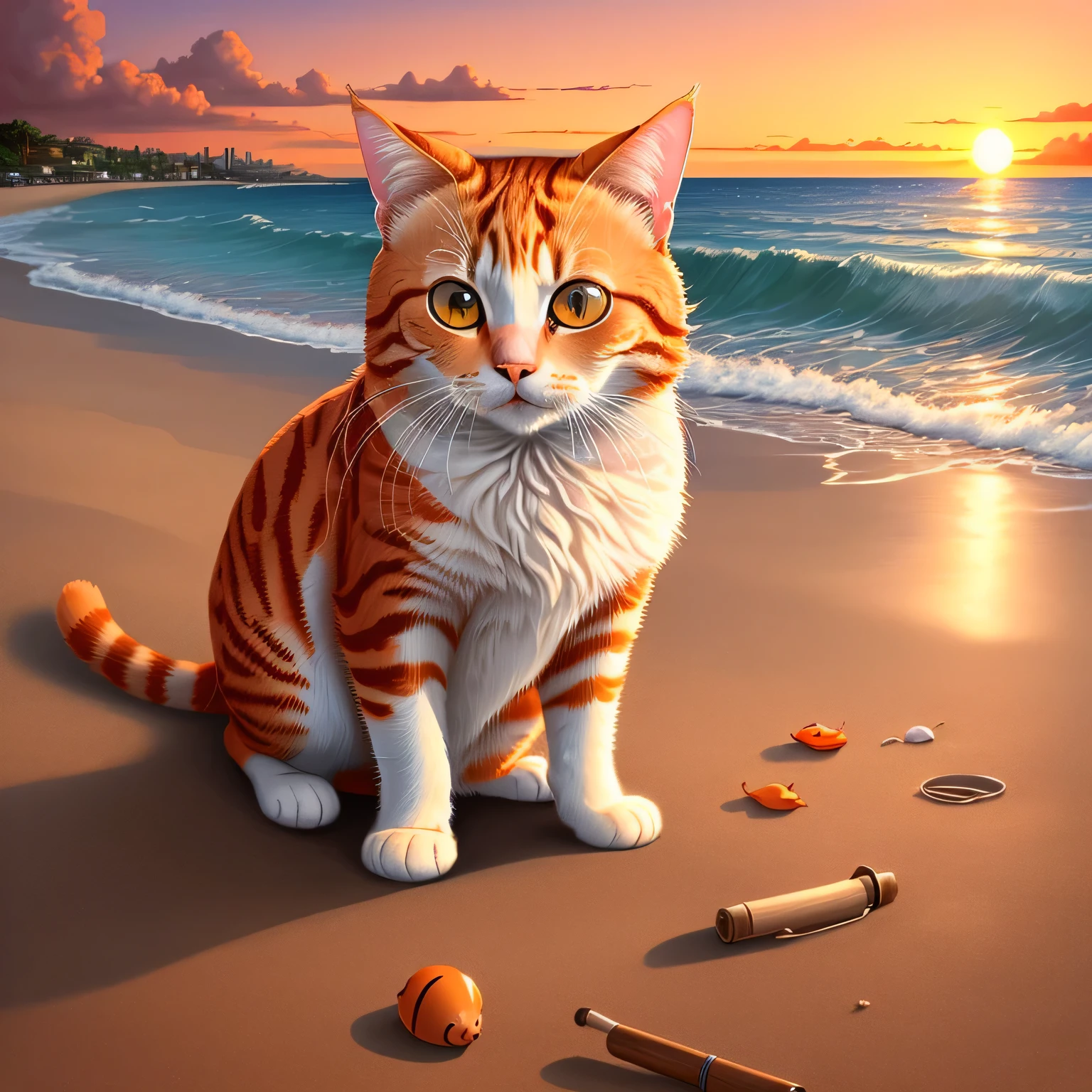 Masterpiece, best quality, super detailed, detailed eyes, illustration, A little orange cat playing on the beach with sunset in the background.