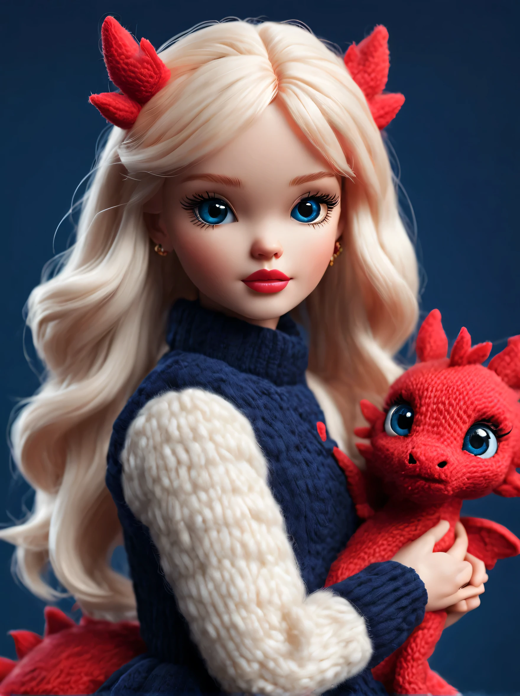 (Plush toy design),Naughty and cute Barbie doll and little dragon,(wool craft),(Fluffy:0.68) ,Cute 3d rendering,Background with:dark navy blue+fiery red,,Cute and detailed digital art,Miniature feeling,stylized 3d render,3d rendered figure art 8k,lovely digital painting,Anime style 3D,Ultra-detailed rendering