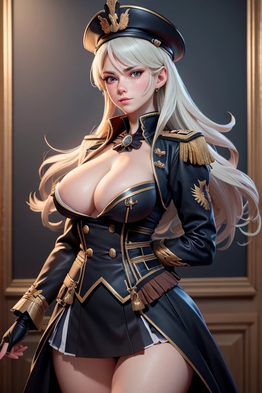 Frederick the Great (Azur Lane:0.5), saggy breasts, Army dress, corps entier, (debout), dedans, dehors, Style ModelShoot, Masterpiece, Detailed, High quality, mise au point nette, dramatique, Art of photorealist painting, pose, expression, jambes, (extremely Detailed CG unity 8k wallpaper), professional majestic oil painting by Ed Blinkey,