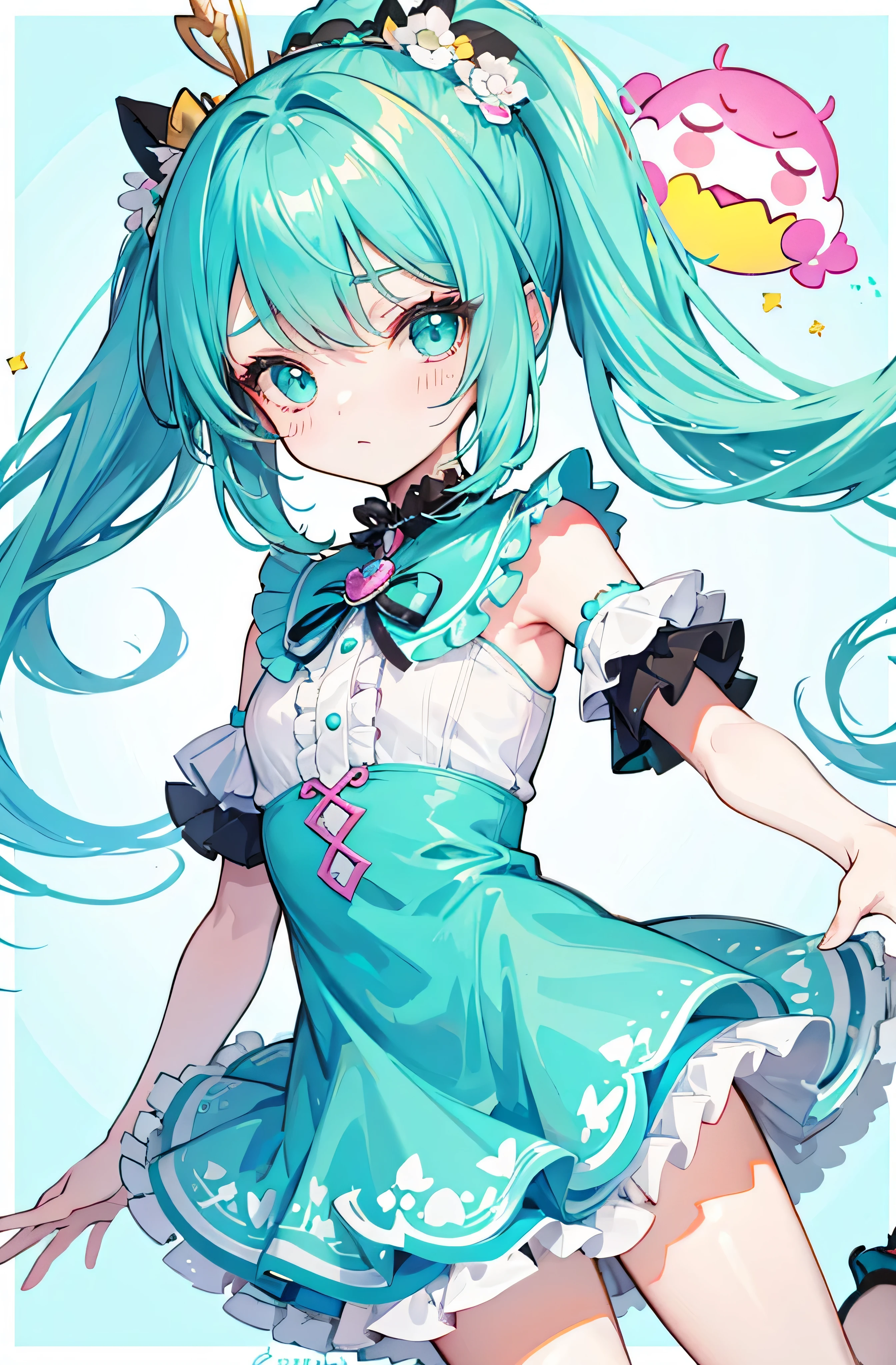 Sweet little loli girl,Turquoise triple ponytail and soft dress,pvz clover personification