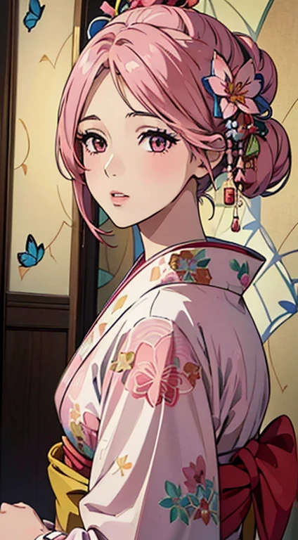 ((8k wallpaper of extremely detailed CG unit, masterpiece, hight resolution, top-quality, top-qualityのリアルテクスチャスキン)), ((a very beautiful woman, Plump lips, The upper part of the body, Japanese pattern haori,)), ((colorful wall with geometric pattern, Japanese pattern wall, warm color, butterflys, florals)), hyper realisitic, digitial painting,Pink hair、Pink eyes、Red kimono