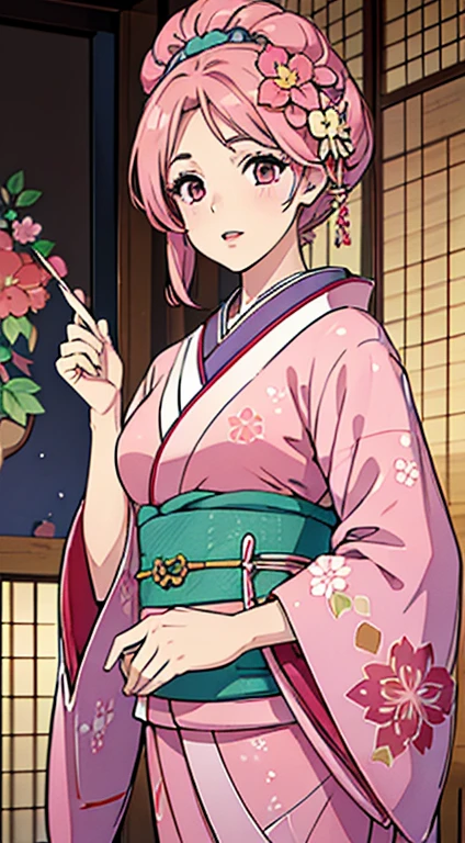 ((8k wallpaper of extremely detailed CG unit, masterpiece, hight resolution, top-quality, top-qualityのリアルテクスチャスキン)), ((a very beautiful woman, Plump lips, The upper part of the body, Japanese pattern haori,)), ((colorful wall with geometric pattern, Japanese pattern wall, warm color, butterflys, florals)), hyper realisitic, digitial painting,Pink hair、Pink eyes、Red kimono