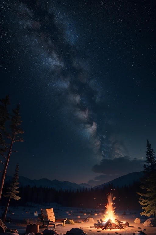 paysage, 夏天, Nuit, woods, Campfire in the same place, uninhabited, personne, starry night sky, HD detail, Ultra Detail, film, hyper realism, Soft Light, Deep Focus Bokeh, Ray Tracing, hyper realism. , Art Station pixiv Gwise, Makoto Shinkai, Art Germ